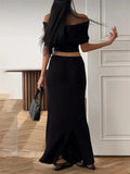 Ribbed Off-Shoulder Top And Maxi Skirt Set- Outfit