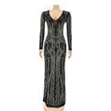 Sexy Black Crystal Mesh Maxi Dress Women Fashion Long Sleeve See Through Bodycon Party Clubwear Long Dress