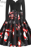 Women Winter Long Sleeve Vintage Christmas Dress Black Red Print V Neck Sexy Xmas Party Dress Robe 3XL Elegant