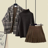 Winter Warm Clothes For Women French Vintage Notched V Neck Plaid Woolen Coats+knitted Sweater+pleated Skirts 3 Piece