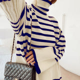 2021 Autumn Winter Oversized Knitted Pullover Women Turtleneck Long Sleeve Khaki Striped Loose Sweater Casual