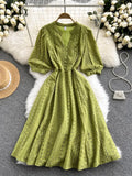 Women Green/Orange/White Hollow Out Midi Dress Elegant V-Neck Puff Short Sleeve High Waist Party Robe Female Vestido