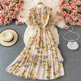 Bohemian Floral Long Dress For Women Sexy V-Neck Short Sleeve High Waist A-Line Big Swing Vestido Casual Blue Robe
