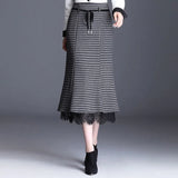 Vintage Plaid Skirts Womens Lace Patchwork High Waist Mermaid Skirt Female Slim Office Clothes Lacintg Midi