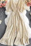 Sexy Polka Dot Romper Women Elegant V-Neck Puff Short Sleeve High Waist Jumpsuit Female Loose Wide Leg Playsuits