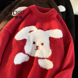 fleece cartoon rabbit Embroidery sweater thicken warm winter tops red brown oversized pullover couples kawaii clothes