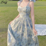 Long Flower Strap Dress Women Vintage Sweet Print Korean Slip Fairy Dress Casual Calssy Party Princess Dress Summer