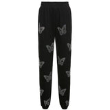 90s Streetwear Butterfly Print Rhinestone 2 Piece Tracksuits Y2K Fashion Oversized Zippper Hoodies Sweatpants Co-ord