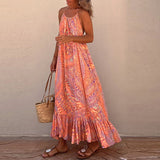 Women's V-neck Hollow Strap Backless Beach Dress Casual High Waist Pleated Boho Dresses 2023 Elegant Printed Long Dress