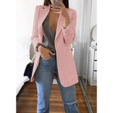 Women Autumn Solid Color Blazer Female Work Office Pocket Tweed Blazer Oversized Casual Slim Coat Fashion
