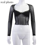 Fashion Y2K Lace Trim Mesh Crop Tops 90s Aesthetics Patchwork Square Neck Long Sleeve White Sexy Tees Summer