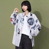 Harajuku Shirts Women Vintage Print Black Top Button Up Short Sleeve Feminine Blouse Korean Fashion Streetwear