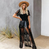 Sexy See Through White Lace Tunic Plus Size Women Beachwear Long Kimono Cardigan Front Open Maxi Dress