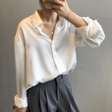 Fashion Button Up Satin Silk Shirt Vintage Blouse Women Spring White Lady Long Sleeves Female Loose Streetwear