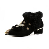 Boots Womens Pointed Metal Ankle Boots Crystal Fox Pattern Women Metal Pointed Toe Glitter Fur Moccasins Bottes