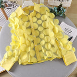 Women Chiffon Shirt Hollow Out Lantern Sleeve Mesh Blouse French Style Three-dimensional Flower Stage Clothes Blusa Mujer