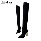 Designer Stretch Cloth Women Over-the-knee Boots Metal Square High Heel Shoes Sexy Pointed Toe Ladies Motorcycle