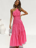 Spring/Summer Ladies' Dress with Missing Shoulder and Inclined Collar Sexy Big Swing High Waist Solid Color Irregular