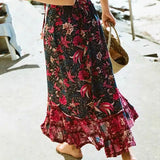 Queens Women Birds Floral Print Beach Bohemian Pleated Skirt High Elastic Waist Maxi A-Line Boho Skirts