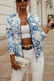 Flower Print Long Sleeve Women's Bomber Jacket Fashion Zipper Up Vintage Coat Tops Elegant Slim Basic Ladies