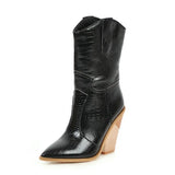 Women Boots Pu Leather Wedge High Heel Ankle Boots Pointed Toe Winter Cowboy Boots Fashion Western Boots Black White