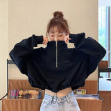 Harajuku Hoodies Women Y2K Street Zipper Crop Sweatshirt Black Long Sleeve Loose Pullover Fashion Simple Elastic Waist