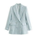 Casual Women Tweed Blazer Vintage Office Lady Jacket Coat Double Breasted Fall Winter Outerwear Female Chic