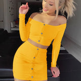 Shoulder Solid Women Skirt Set 2021 New Solid Button Up Crop Top High Waist Bodycon Skirt Matching Set Activewear