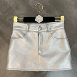 2022 Summer New Collection Single Button Silver Pu Slim Short Mini Bodycon Skirt Women