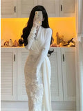 Women Elegant Flowers Bandage One-piece Dresses Spring Long Sleeve Patchwork Luxury Party Vestido Office Lady