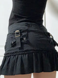 Mall Goth Y2K Zip Up Low Waist Black Denim Skirts Y2K Aesthetics Cute Pockets Trim Ruffles Mini Skirt Patchwork