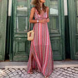 Women's New Summer Bohemian Print V-Neck Sling Open Dress