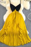 Women Spaghetti Strap Beach Long Dress Sexy V-Neck High Waist Ruffle Patchwork Pleated Maxi Robe Female Vacation 2023