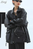 Spring Autumn Oversized Casual Waterproof Black Soft Pu Leather Jacket Women with Drop Shoulder Long Sleeve Fashion