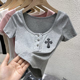 Square Collar Crop Tops Black Cross Appliques Solid T Shirts Skinny Basic Office Lady Streetwear Summer Casual Korean