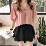 Summer New Korean Loose 4XL Ladies' Tops Short Sleeve Solid Color Blouse Pink Elegant Ruffle Chiffon Blouse Women