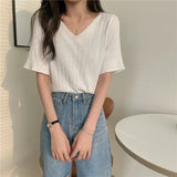 V-Neck Knitted Short-sleeved T-shirt Summer Korean Version 2022 New Loose And Thin Short All-match Bottoming