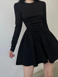 Korean Clothes Long Sleeve Corset Black Dress Female Solid Basic O Neck Fashion Autumn Dress Pleated Slim Elegant