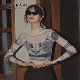 Tattoo Print Long Sleeve Crop Top Turtle Neck See Through T Shirt Basic Tshirt Street Fashion Tee Shirt