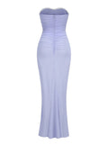 Blue Strapless 3D Flower Ruched Maxi Dress- Outfit