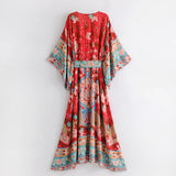 Queens Women Red Floral Print Bat Sleeve Beach Bohemian Kimono Dress Ladies V Neck Sashes Summer Boho Dresses
