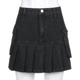 Mall Goth Y2K High Waist Jean Skirts E-girl Aesthetics Black Denim Pleated Skirts with Big Pockets Grunge Punk
