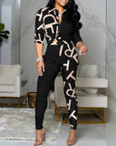 New Pre-fall Women Letter Print Colorblock Knot Front Buttoned Top & High Waist Pants Set Autumn Two Piece Suits