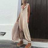 Button Sleeveless Beach Romper Simple Solid Cross-pants Lady Playsuit Women Casual Loose Hooded Jumpsuit Summer