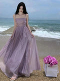 Spaghetti Strap Purple Long Dresses for Women 2023 Summer Sexy Tulle Pleats Fairy Evening Party Backless Female