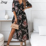 ruffle sleeves lace up wrap Summer Women's Fashion V-neck Slim Chiffon Printed Dress with Side Slit dress maxi
