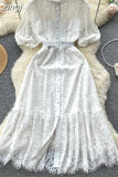Women Lace Party Long Dress Vintage O-Neck Puff Short Sleeve High Waist Single Breasted A-Line Elegant Vestidos