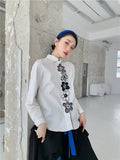 Embroidered Floral White Cotton Button Up Shirt For Women Long Sleeve Designer Top Peter Pan Collar Korean