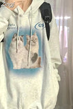 Oversize Cat Print Hooded Women Winter Fleece Sudadera Long Sleeve Sweatshirt American Vintage Pullovers Hoodies Tops