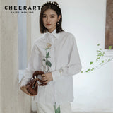 White Cotton Floral Button Up Shirt For Women Long Sleeve Designer Top And Blouse Collared Shirt Minimalist